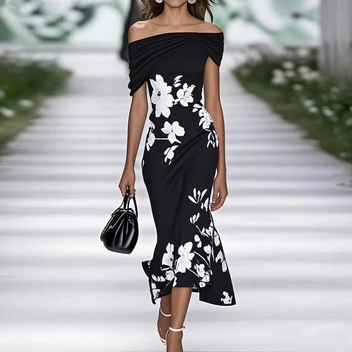 Stylish women's off-shoulder midi dress featuring a vibrant floral print and elegant fitted waist design.