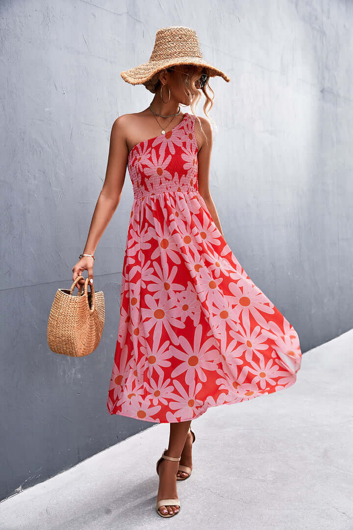 Elegant women's floral off-shoulder summer dress, perfect for beach parties or casual spring outings.