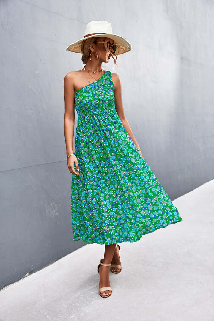 Fashionable off-shoulder floral dress for women, breathable & comfortable for elegant summer parties.