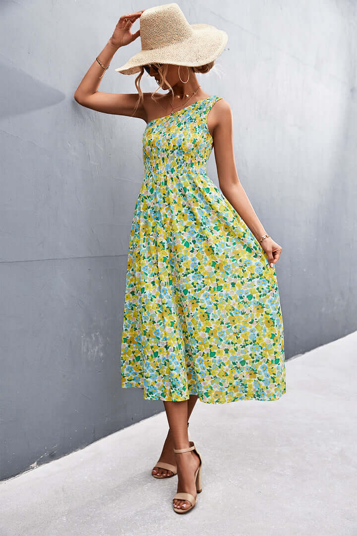 Beautiful women's floral off-shoulder summer dress with elegant design, ideal for spring beach wear.