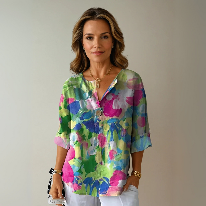 Ladies' elegant floral print blouse. A comfortable, chic long-sleeve top for stylish spring and summer outfits.