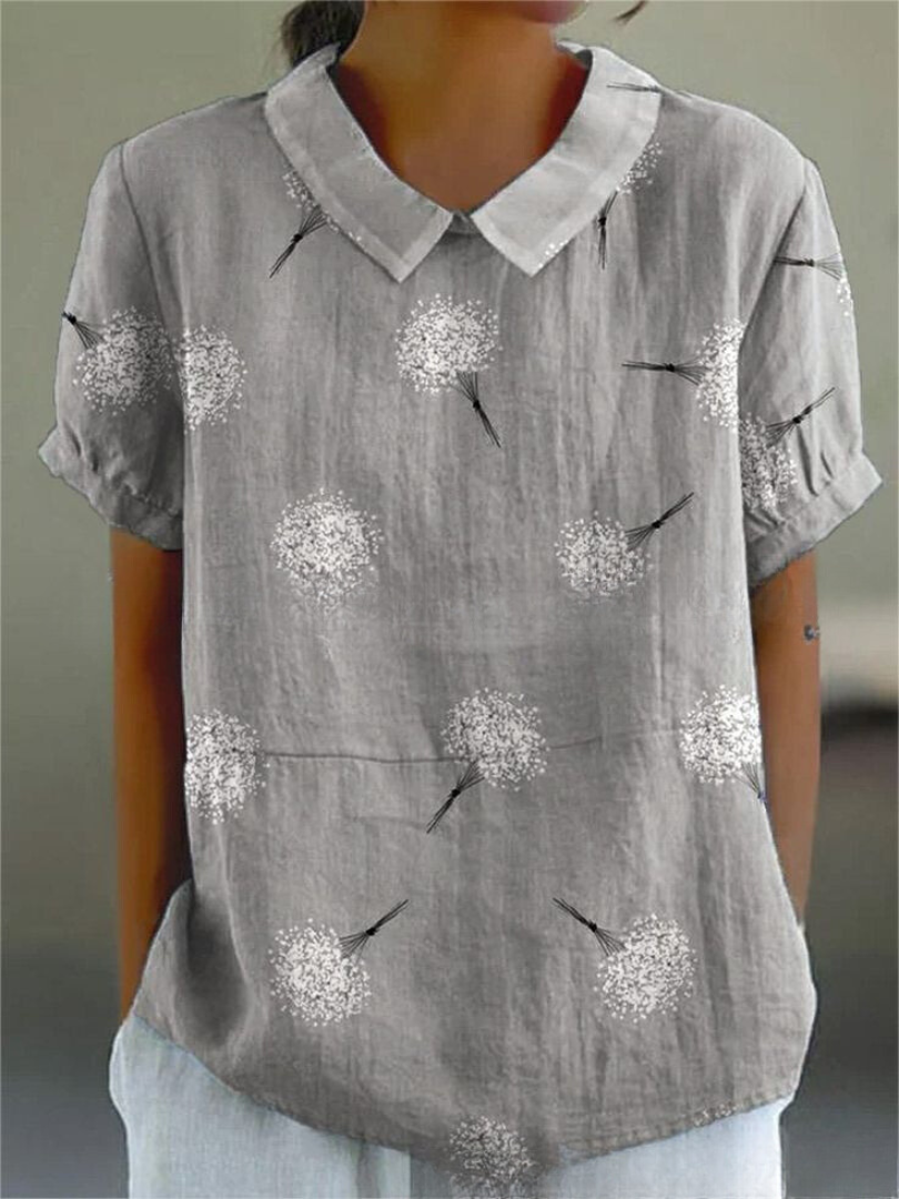 Feminine women's blouse with a vibrant floral pattern and distinctive Peter Pan collar, suitable for casual wear.