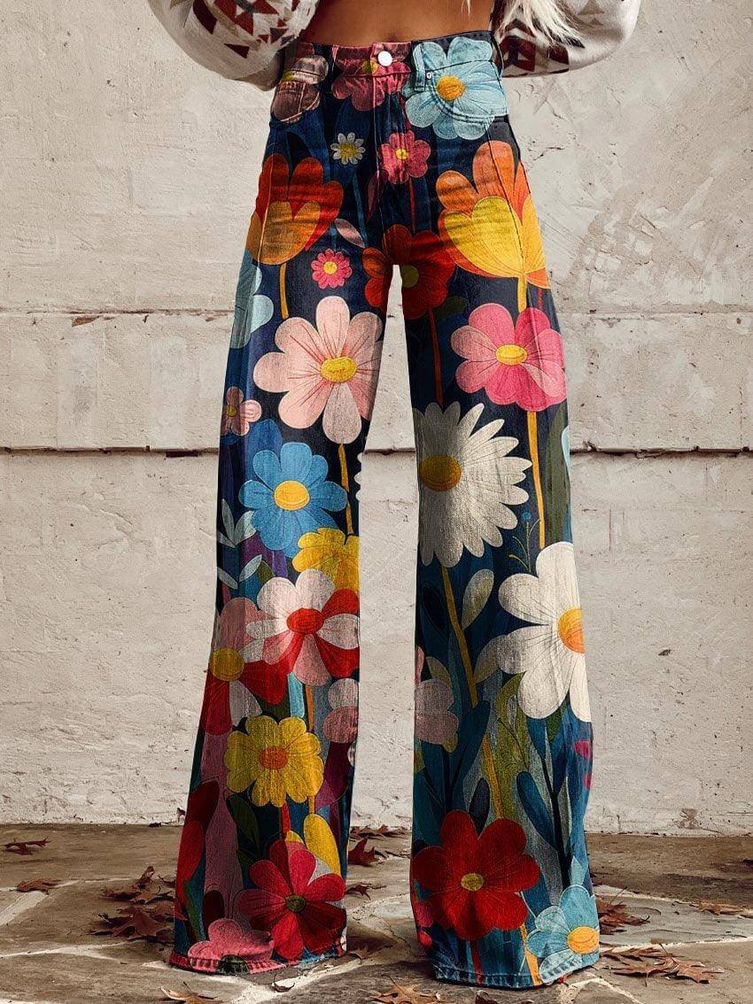 Elegant women's floral print high-waisted trousers, perfect for spring/summer fashion & casual comfort.