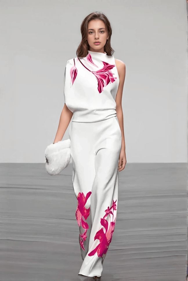 Elegant women's floral print two-piece top and wide-leg pants set, perfect for spring/summer comfort.