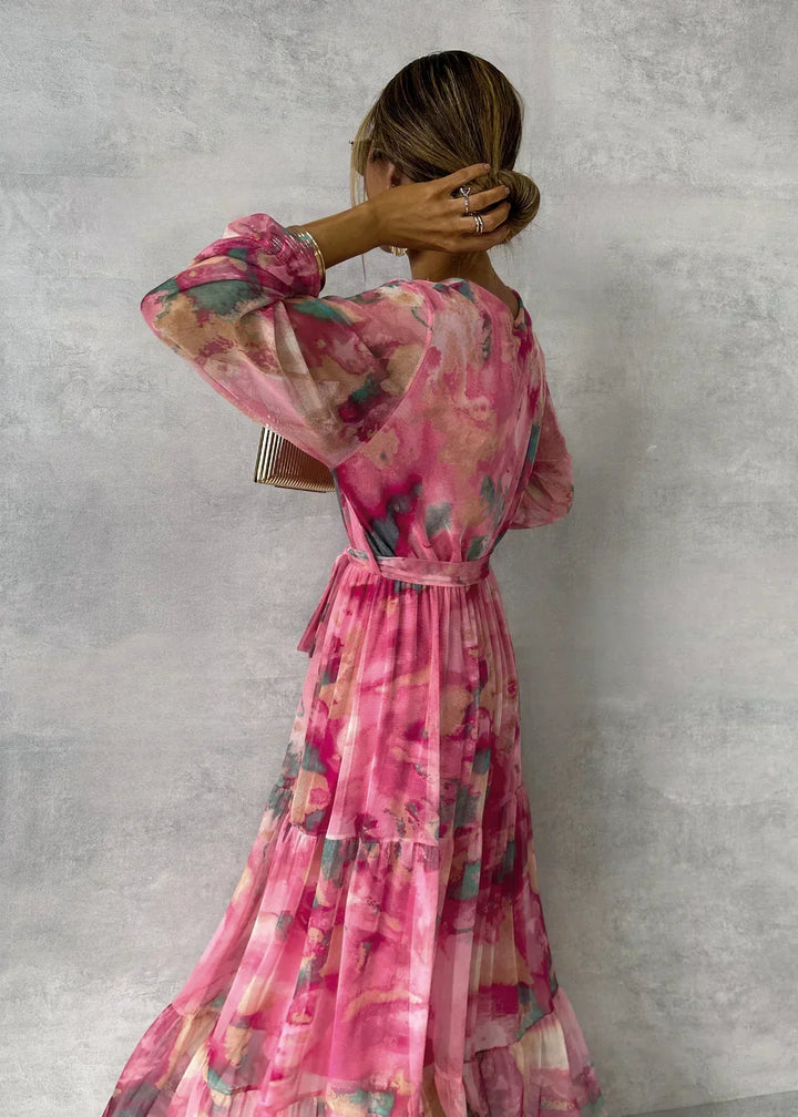 Effortless elegance in a women's floral wrap maxi dress. Ideal long sleeve summer dress for casual or party wear.