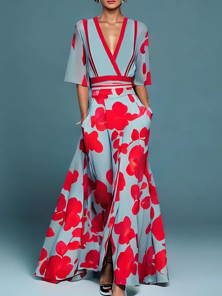 Elegant women's floral print wrap midi dress, perfect for summer casual or party style.