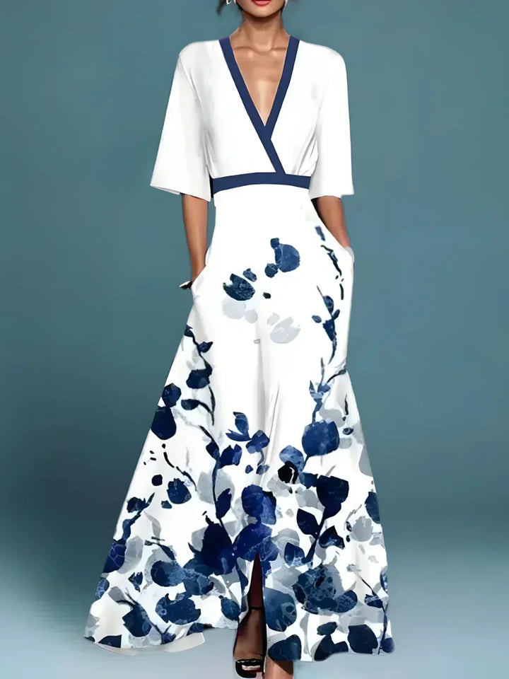 Feminine floral wrap midi dress for women. Elegant & versatile for summer, boho, casual or party wear.