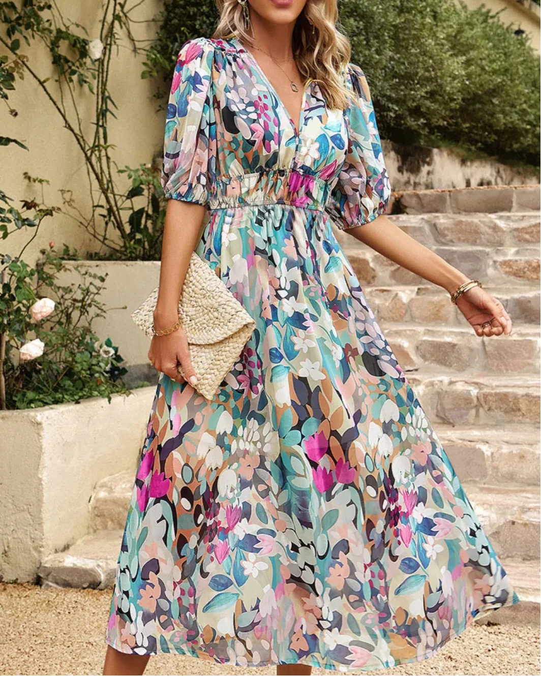 Elegant women's floral puff sleeve midi v-neck dress, perfect for summer parties & vacations.