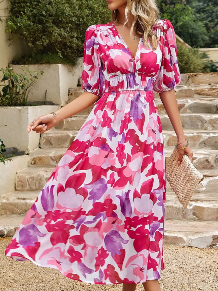 Classic blue floral puff sleeve midi dress, women's elegant summer party attire.