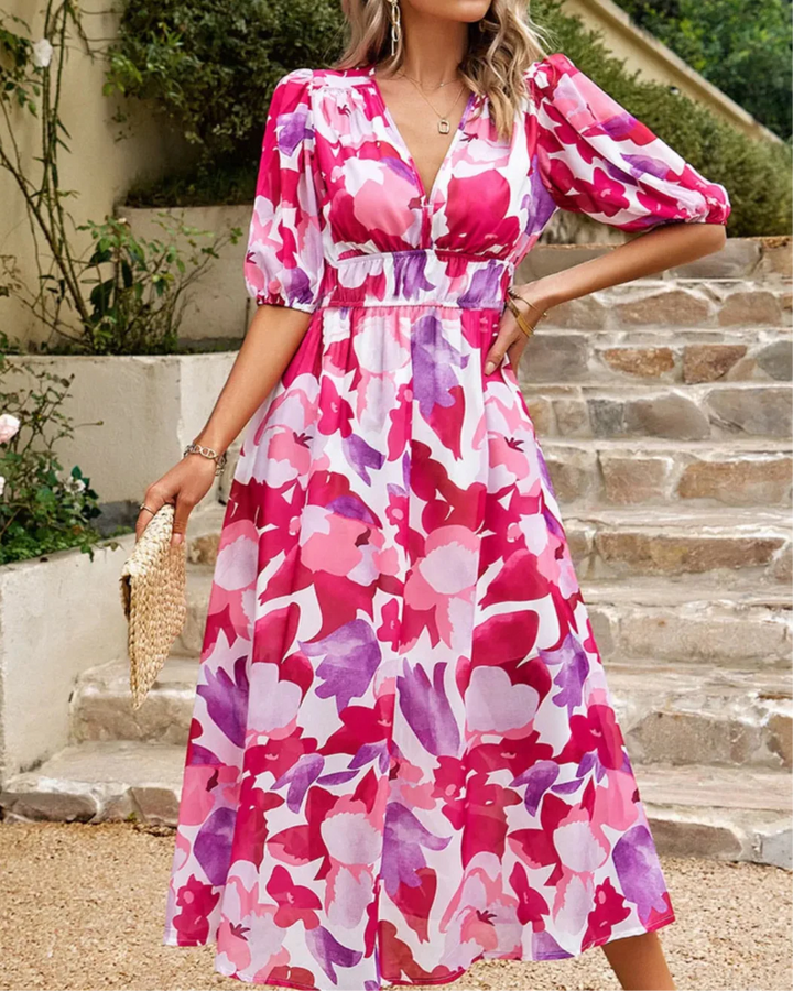 Elegant floral midi dress with puff sleeves, perfect for women's summer weddings & events.