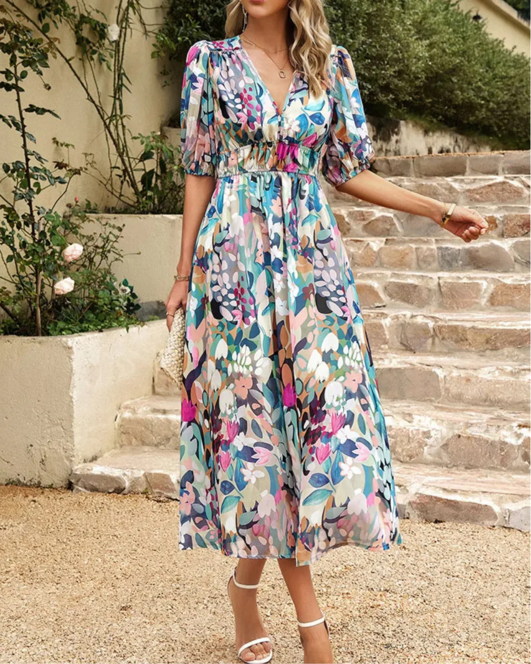 Blue floral puff sleeve midi dress, stylish women's elegant summer party & casual attire.