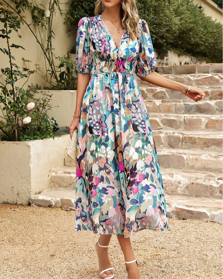 Blue floral puff sleeve midi dress, stylish women's elegant summer party & casual attire.