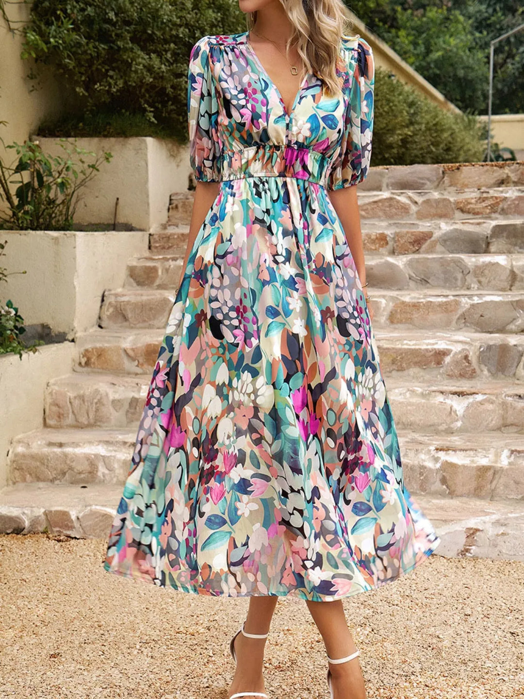 Hot pink floral puff sleeve midi dress, a vibrant women's elegant summer vacation outfit.