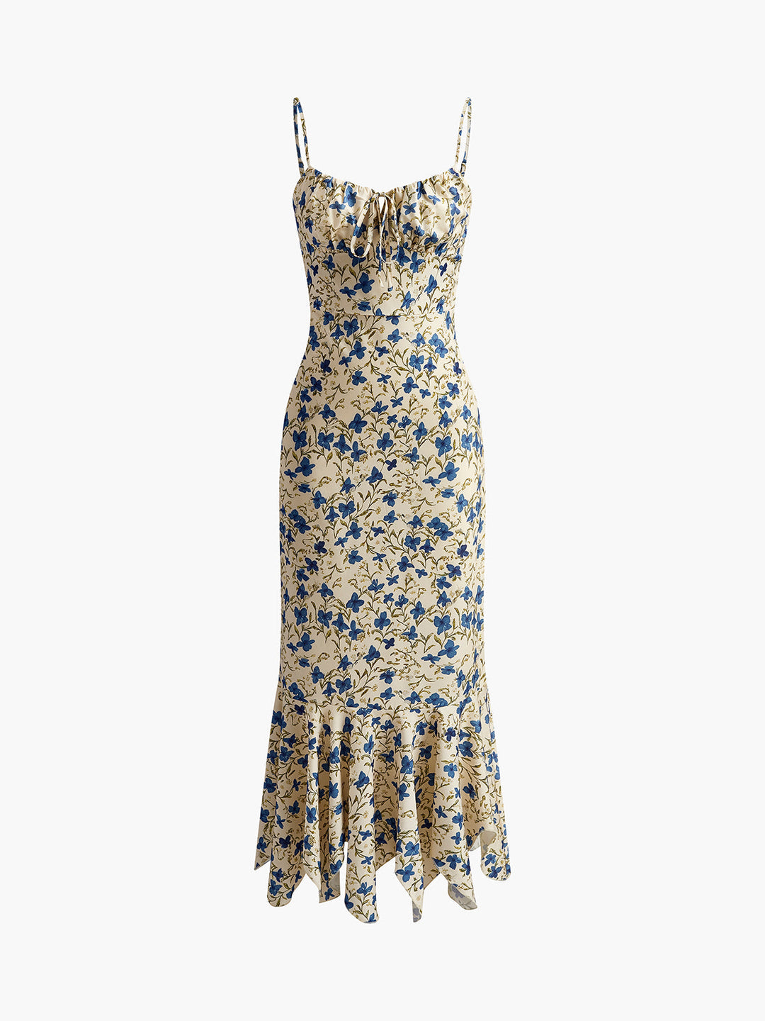 Vibrant floral women's maxi dress with ruched bodice, thin spaghetti straps, ensuring comfortable summer style.