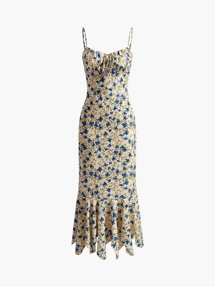 Vibrant floral women's maxi dress with ruched bodice, thin spaghetti straps, ensuring comfortable summer style.