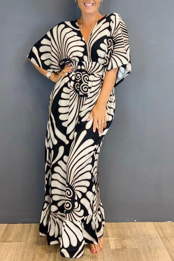 Stylish blue floral print ruffled women's jumpsuit, comfortable one-piece for modern summer fashion.