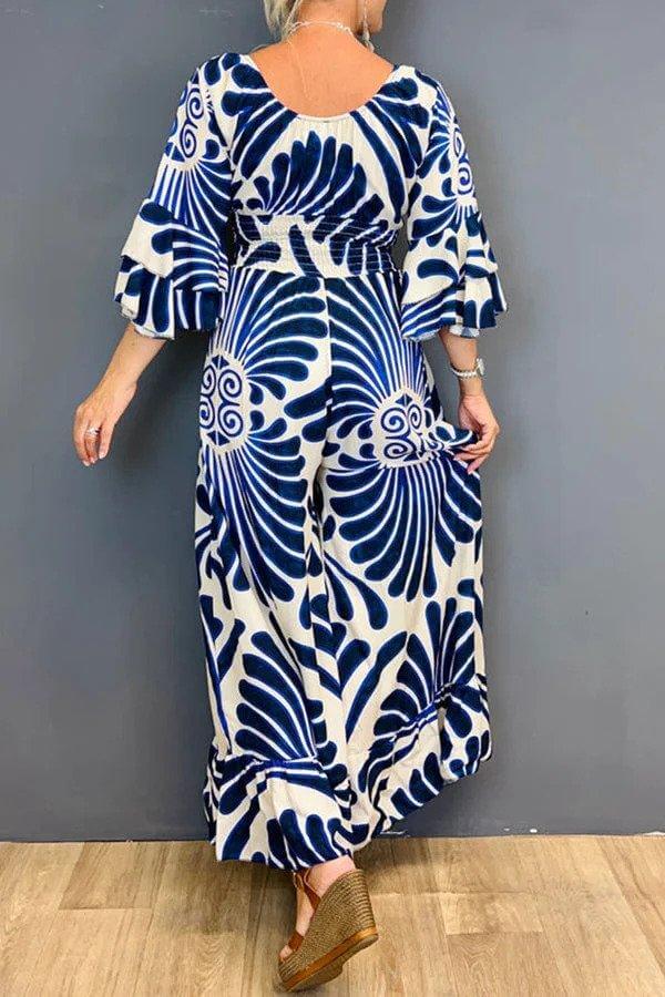Gold floral print women's jumpsuit with ruffles, elegant & comfortable for summer casual or chic events.