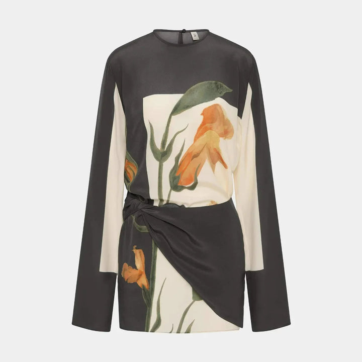 Delicate floral pattern mini dress for women with an elegant twist detail, perfect for cocktail and party events.