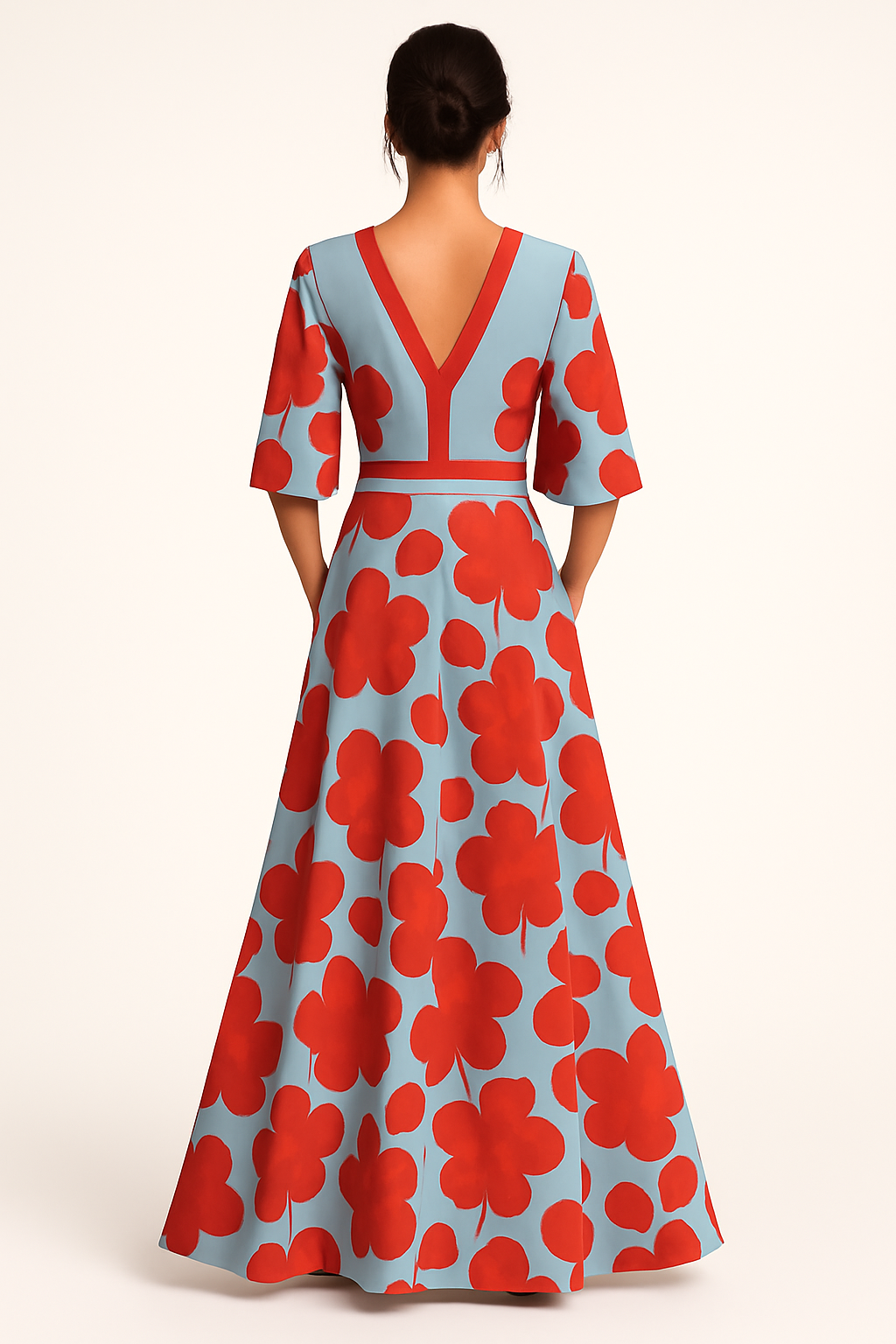 Flowy summer floral V-neck maxi dress for women, ideal for evening events. Elegant & comfortable occasion wear.