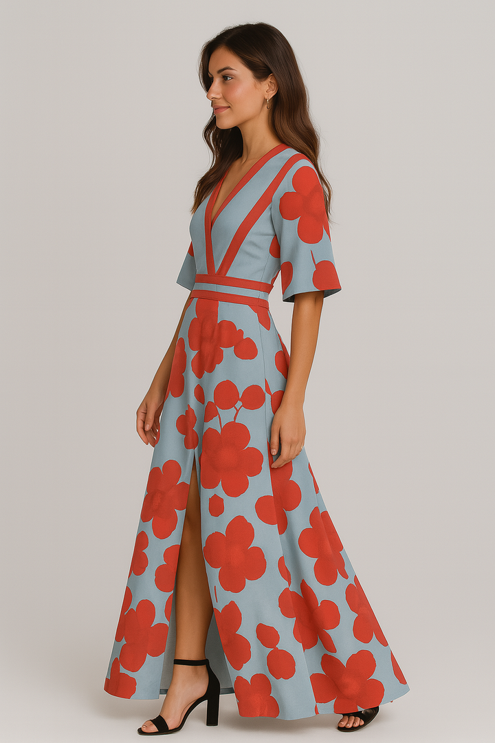 Stunning red floral V-neck maxi dress for women, elegant summer evening wear. Perfect for any statement occasion.
