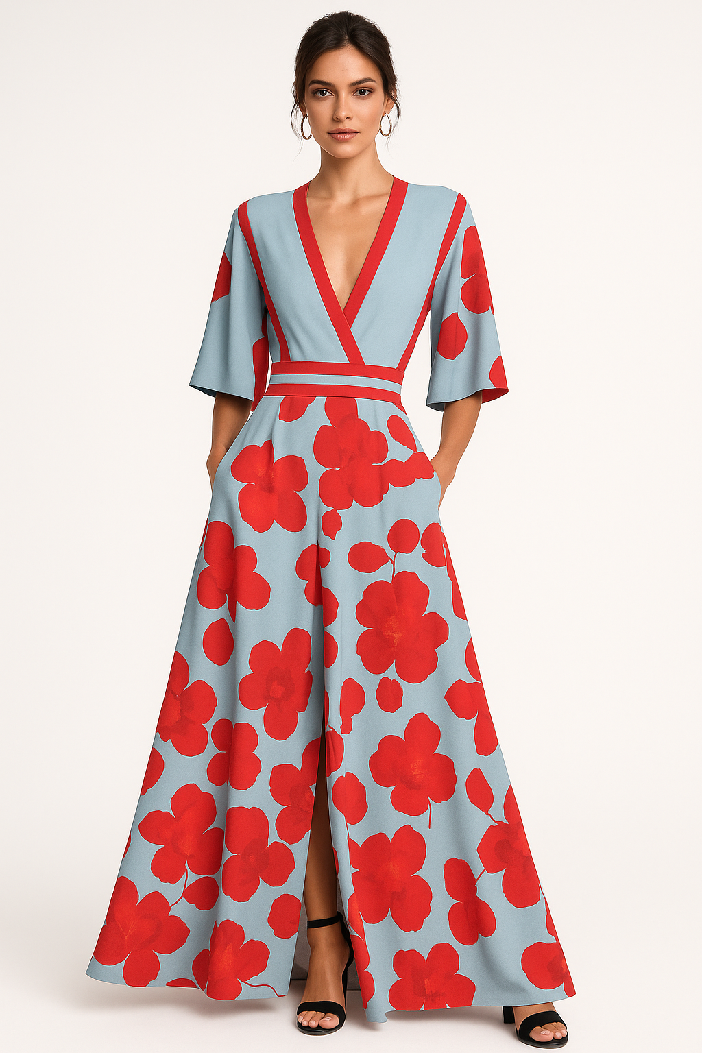 Women's elegant floral V-neck maxi dress, a chic summer evening statement piece. Flowy and comfortable design.