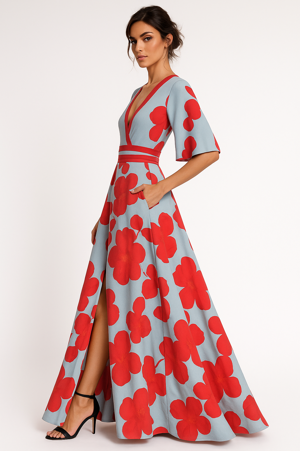 Beautiful floral V-neck maxi dress for women, an elegant flowy summer evening dress. Ideal for special occasions.