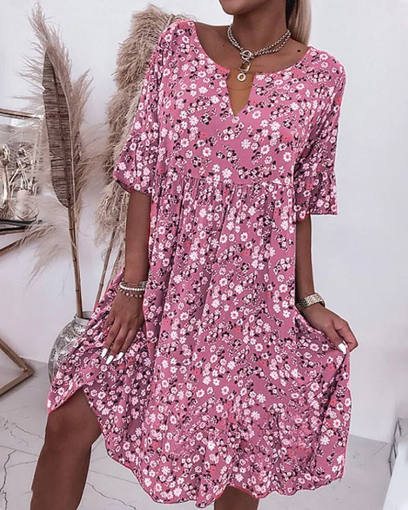 Elegant women's floral V-neck midi dress, perfect flowy summer dress for casual or party wear. Pink, grey, blue.