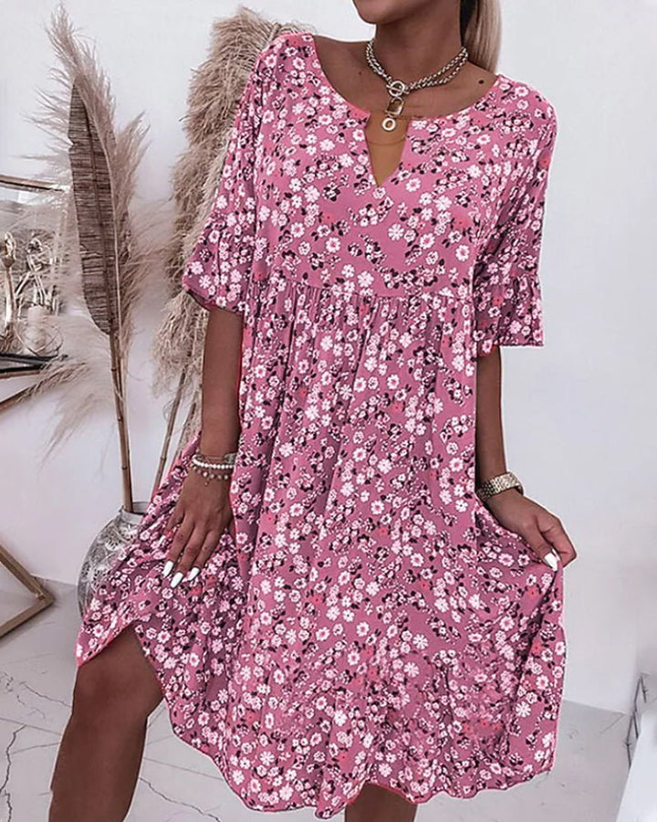 Elegant women's floral V-neck midi dress, perfect flowy summer dress for casual or party wear. Pink, grey, blue.