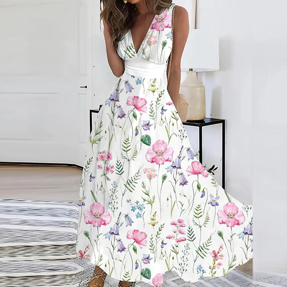 Beautiful women's floral V-neck maxi dress with a relaxed, elegant fit, suitable for summer parties & casual spring outings.
