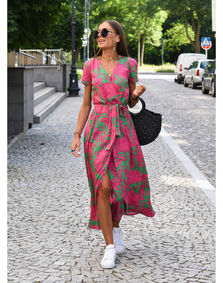 Elegant women's floral V-neck midi wrap dress, perfect for summer. Stylish & comfortable for any occasion.
