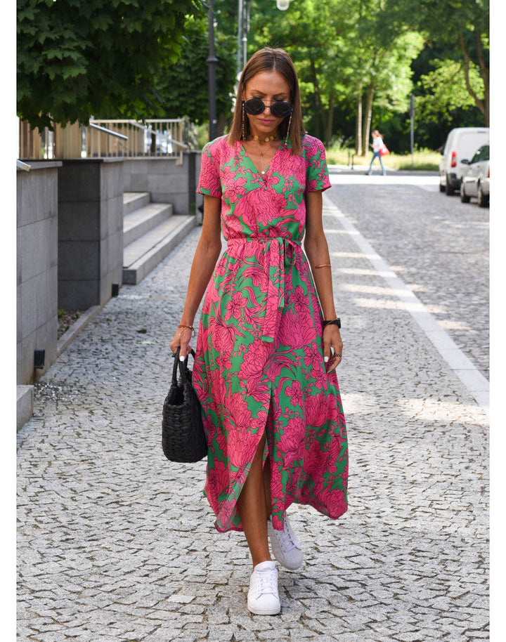 Red floral V-neck midi wrap dress for women. Vibrant summer fashion, suitable for work, holidays or casual wear.