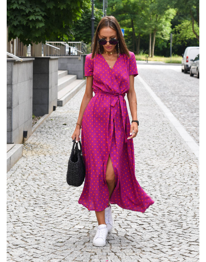 Blue floral V-neck midi wrap dress for women. Chic everyday style, versatile for office, parties, or beach.