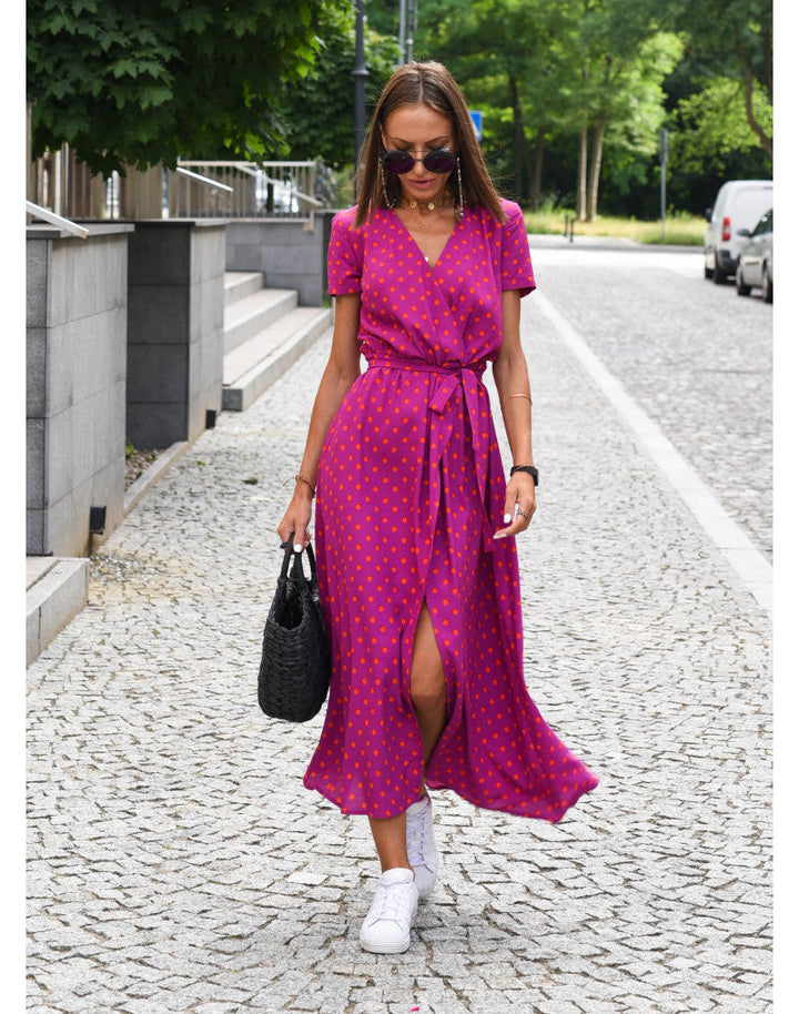 Blue floral V-neck midi wrap dress for women. Chic everyday style, versatile for office, parties, or beach.