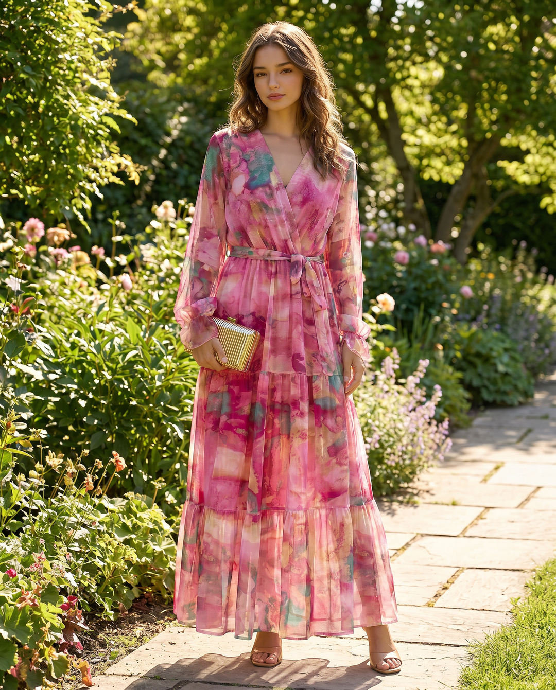 Bohemian floral print wrap maxi dress for women, perfect as a summer party dress or elegant evening gown.
