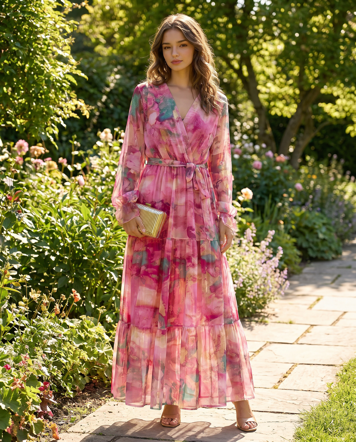 Bohemian floral print wrap maxi dress for women, perfect as a summer party dress or elegant evening gown.