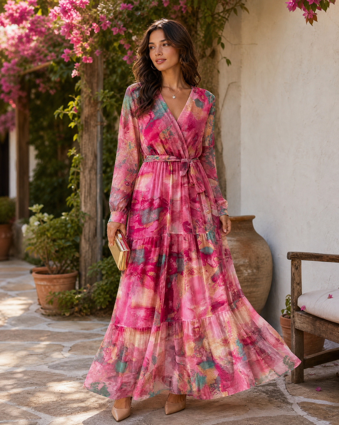 Women's long sleeve v-neck floral wrap maxi dress with tiered skirt, ideal for vacation wear & summer parties.