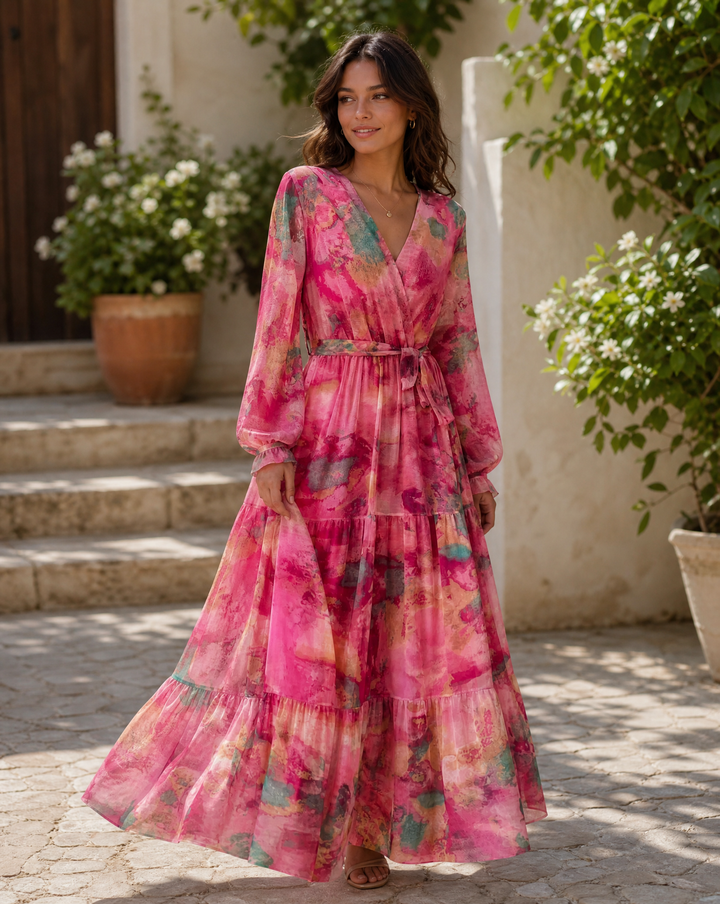 Stylish women's elegant floral print maxi wrap dress, v-neck, & flowy tiered skirt, perfect for summer evenings.