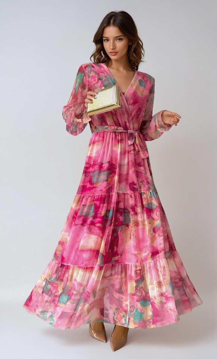 Women's summer floral wrap maxi dress featuring long sleeves, V-neck, and a tiered skirt for elegant occasions.