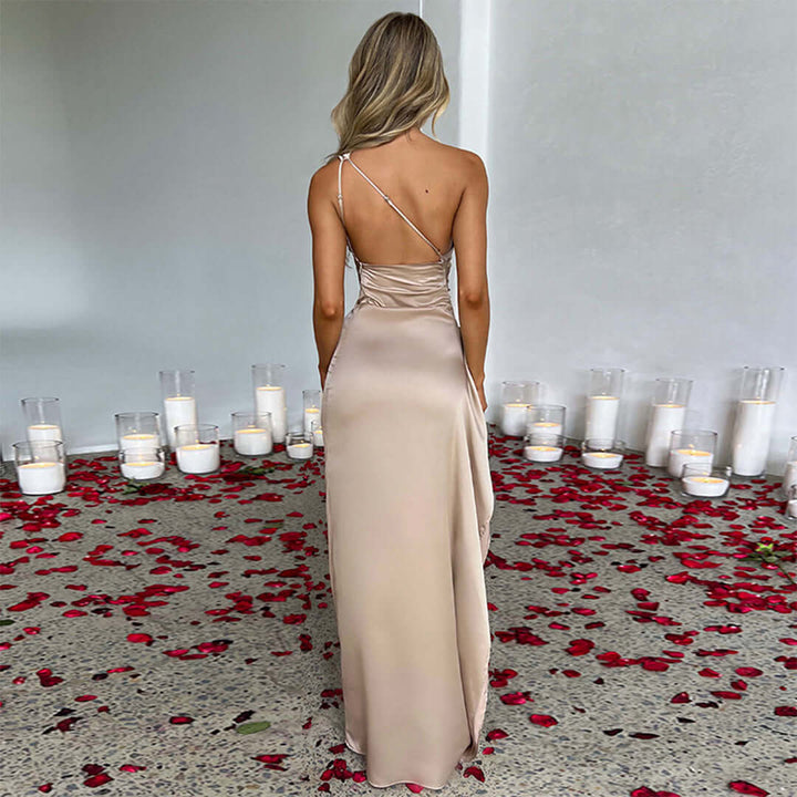 Flowy women's elegant satin maxi dress, suitable for special occasions, parties & formal events. Long evening gown.