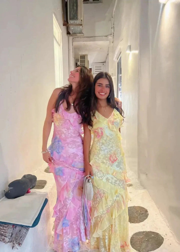 Elegant women's floral print maxi dress, ideal summer attire for formal events & vacations.