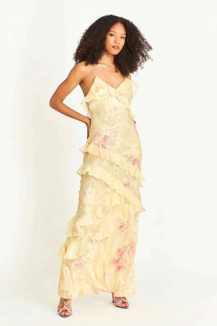Chic women's floral print summer maxi dress, elegant with a flowy silhouette & ruffles.