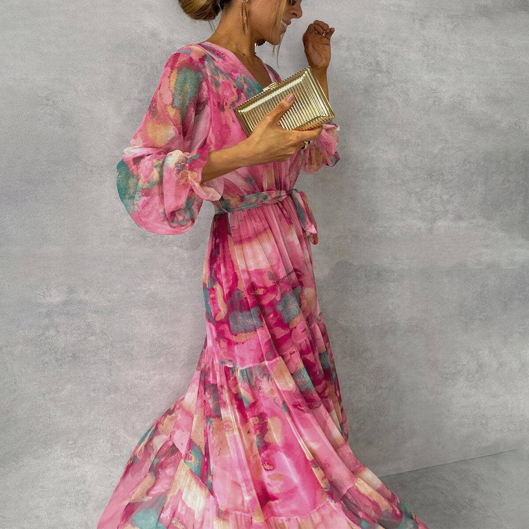 A-line women's flowy long sleeve casual dress. Comfortable pink maxi dress, versatile for elegant summer fashion.