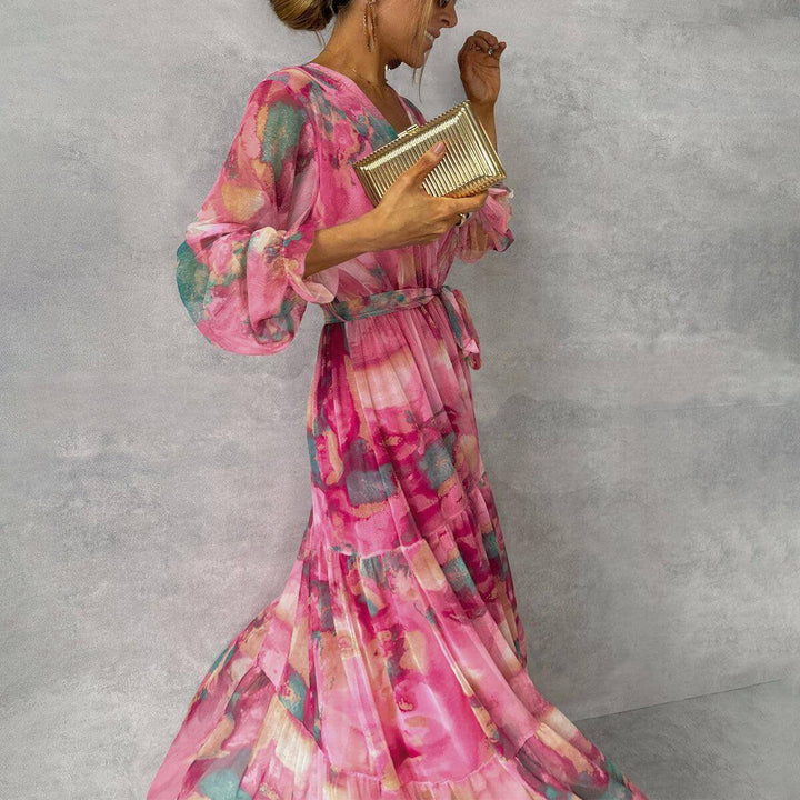A-line women's flowy long sleeve casual dress. Comfortable pink maxi dress, versatile for elegant summer fashion.