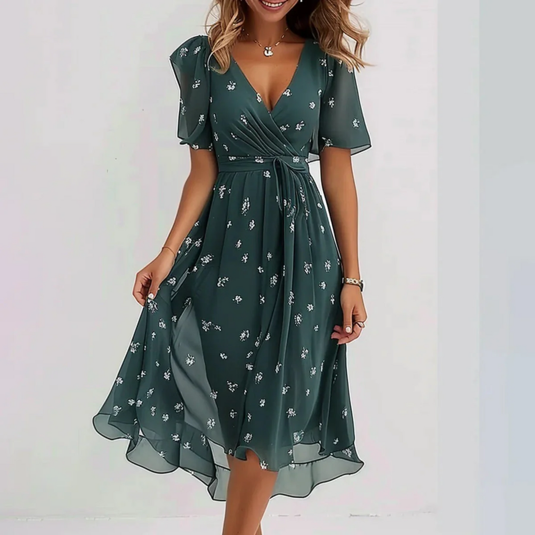 Elegant women's flowy midi summer dress, perfect for comfortable day wear or vacation.