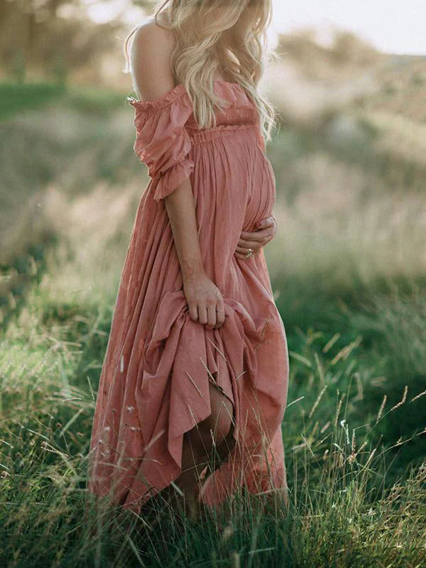 Beautiful flowy off-shoulder maxi dress, designed for women's maternity fashion, comfortable & elegant summer wear.