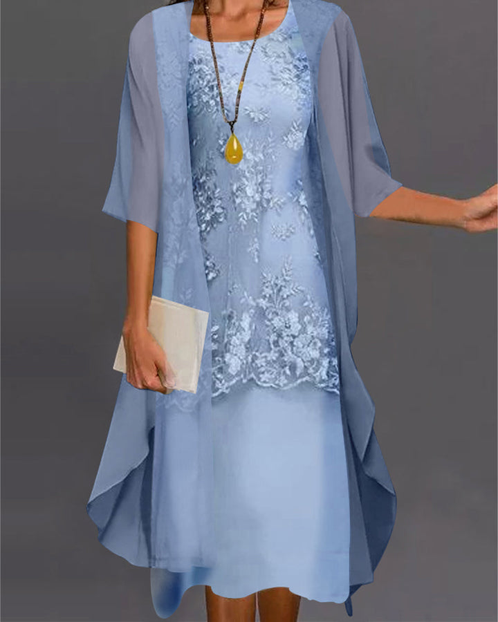 Versatile women's flowy smock dress with lace patchwork. Comfortable knee-length design, 3/4 sleeves for casual/occasion wear.