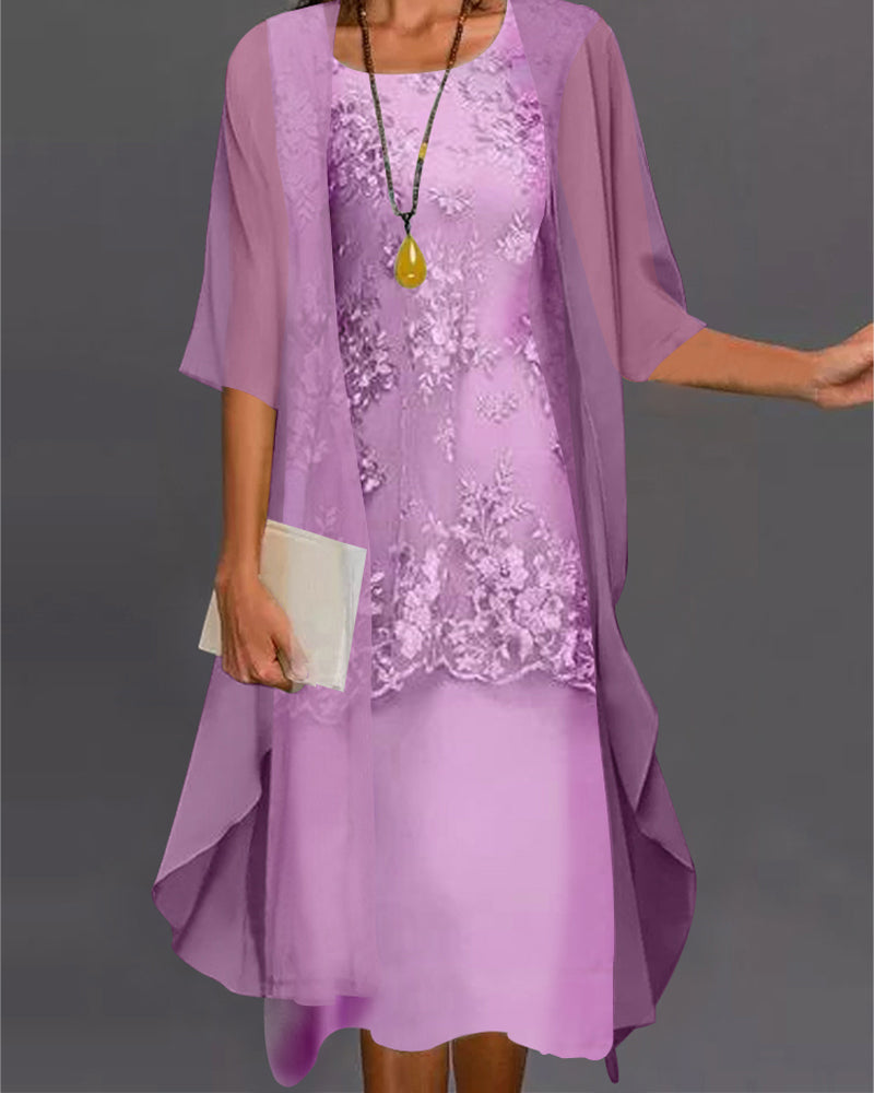 Stylish knee-length smock dress for women, featuring elegant lace patchwork and flowy 3/4 sleeves, ideal for fall/spring.