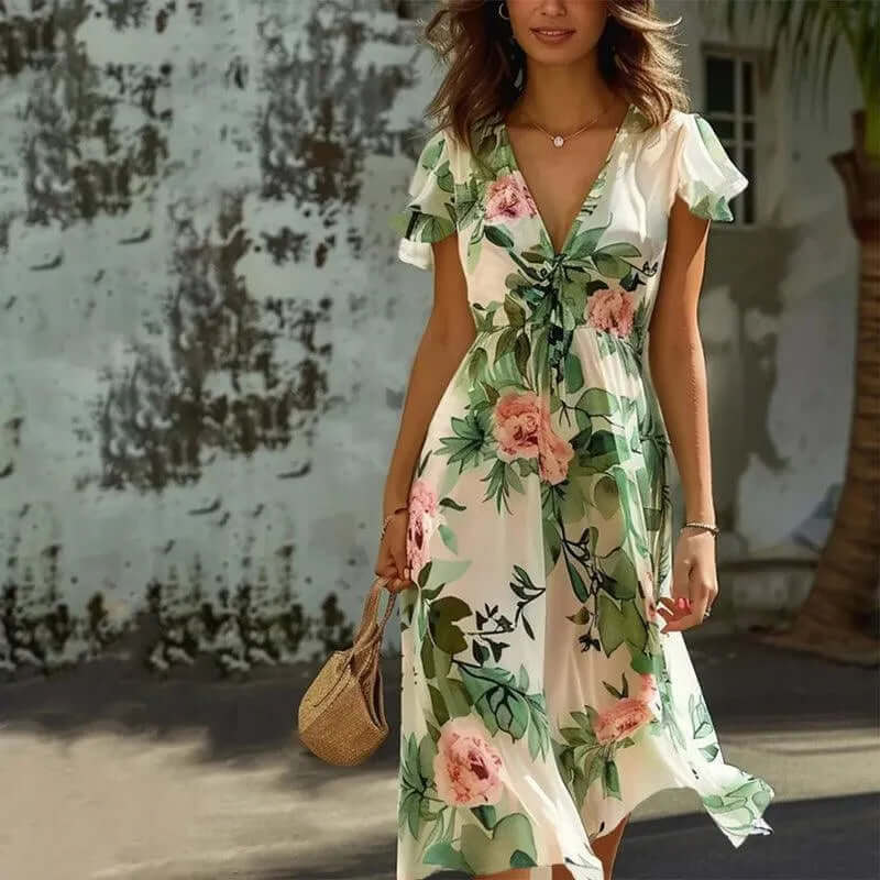 Elegant women's flutter sleeve midi wrap dress with V-neck, perfect for summer casual or dressy occasions.