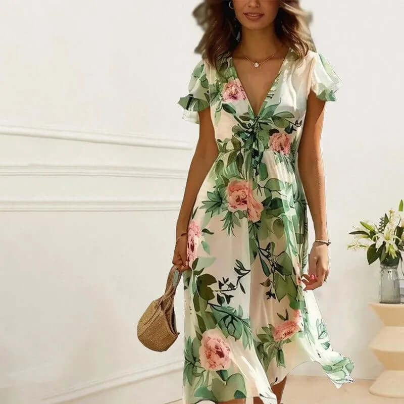 Versatile women's A-line midi wrap dress with elegant flutter sleeves; ideal for casual summer or evening wear.