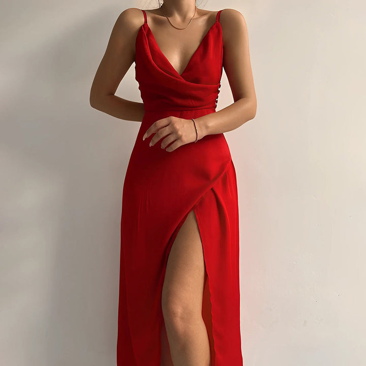 Sleek formal maxi party dress for women, featuring an elegant silhouette and a striking high slit.